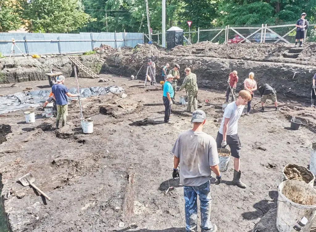 Excavated remains of five medieval estates uncovered by archaeologists at Staraya Russa.