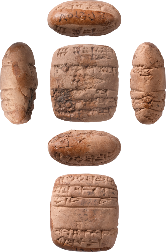 Multiple views of Ur III cuneiform tablet IM 204157 from the Umma region, recording barley associated with several fields.