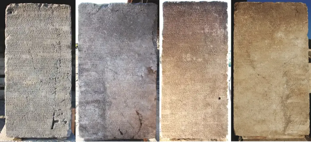 Four sides of the ancient Kibyra oracle monument, covered with Greek inscriptions containing 56 divination outcomes based on animal knucklebone throws.