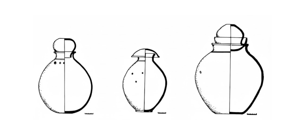 Archaeological drawings of three Urartian burial urns from Dilkaya and Ayanis, showing small perforations in their bodies and bowl-shaped lids.