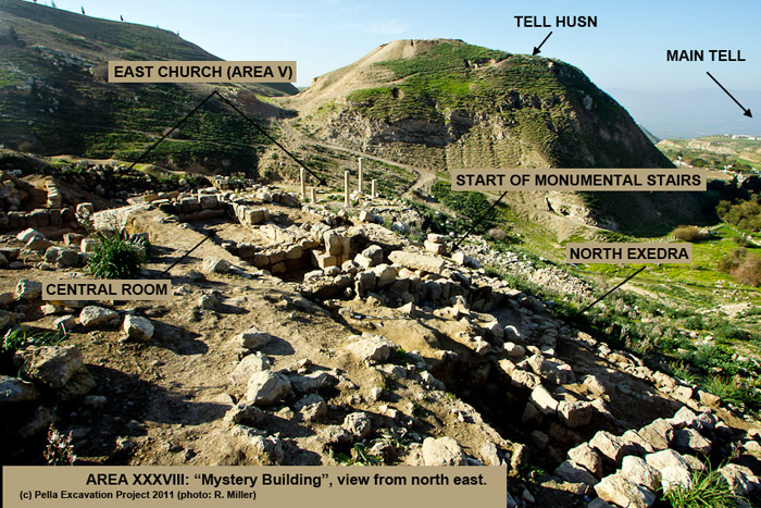 Archaeological ruins in Area XXXVIII at ancient Pella, Jordan, with Tell Husn and the surrounding hills in the background.