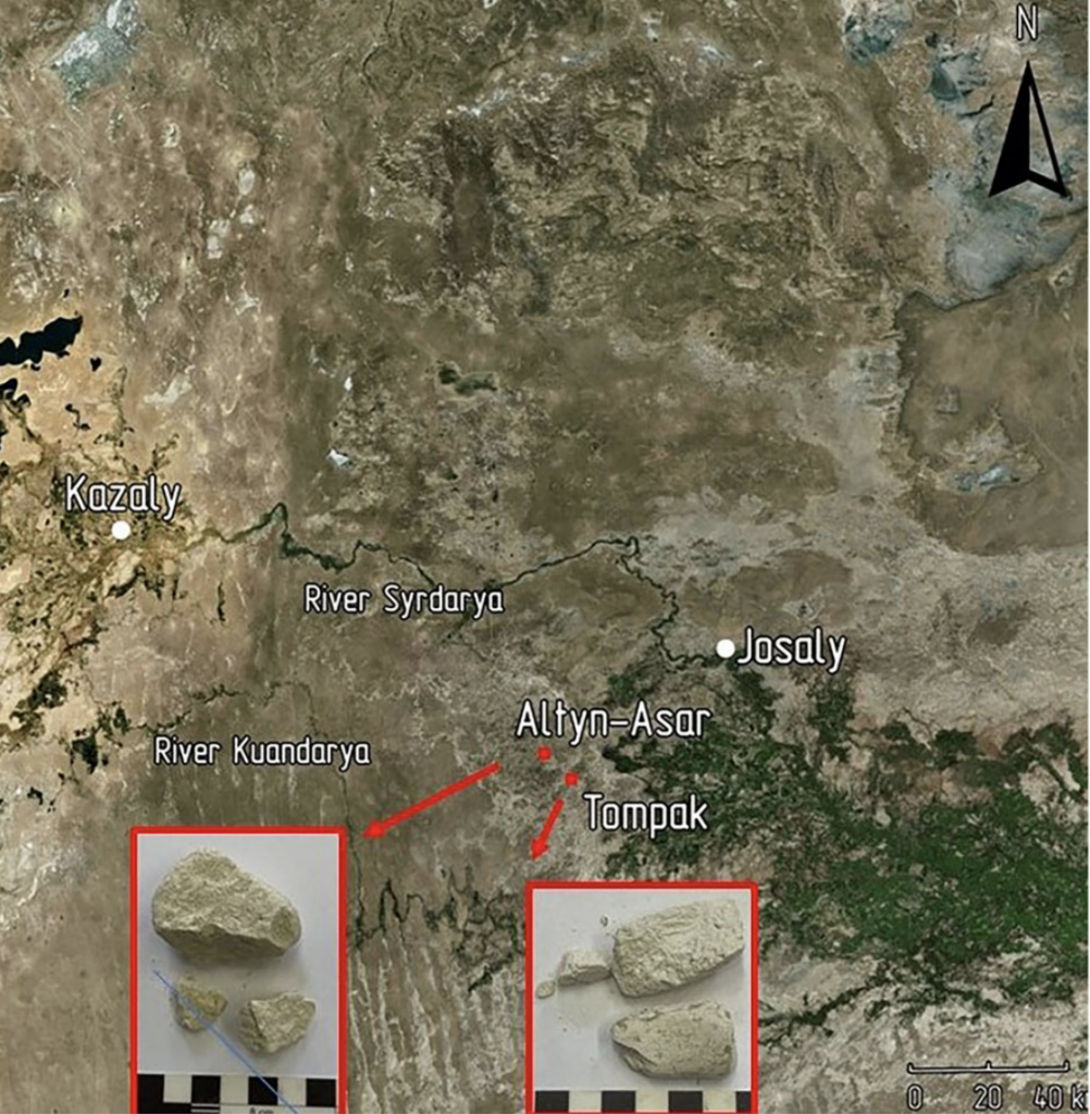 Map showing the Tampakasar and Altyn-Asar burial sites near the Syr Darya River in Kazakhstan, with photographs of ancient cosmetic chalk fragments.
