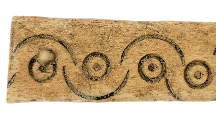 Fragment of a decorated antler casket dating to around AD 1000, featuring carved concentric circle patterns, discovered at Helfta in Germany.