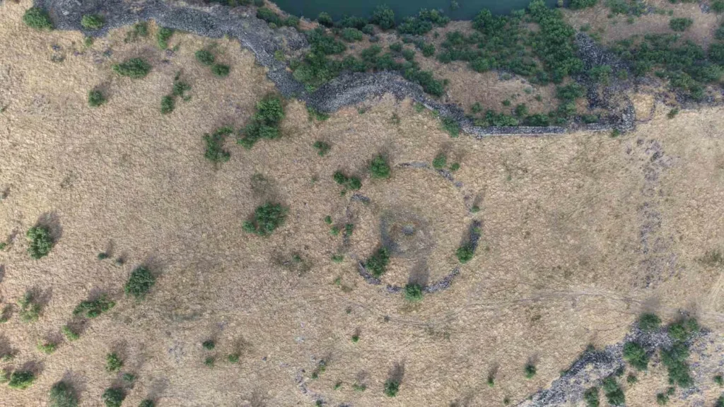 Aerial view of a large circular stone feature inside the fortress near Mescidli.