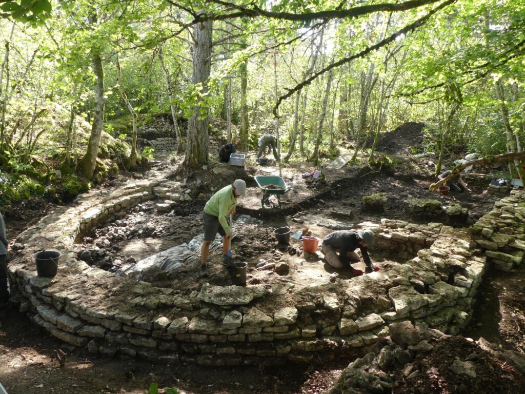 Excavated remains of the apse and choir of an early medieval church at Montagne de Saint-Laurent in Burgundy, France.