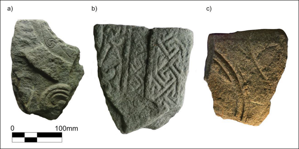 Three decorated early medieval cross-slab fragments discovered during excavations at Lios Mòr in Scotland.