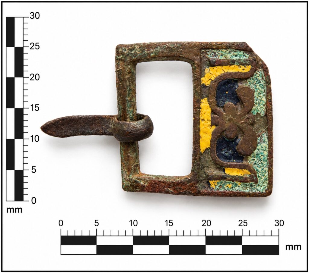 Small Roman-era metal buckle decorated with colored enamel, discovered in Tsetsyno Forest, Ukraine.