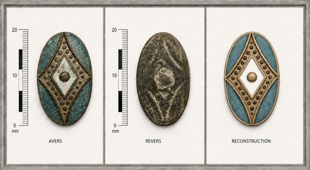 Hypothetical reconstruction of a Roman-era belt with decorative metal fittings based on archaeological finds from Tsetsyno Forest.