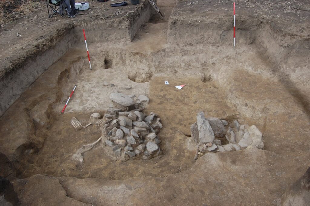 Human skeletal remains beside a concentration of stones inside an excavated medieval dwelling at Bostanište.