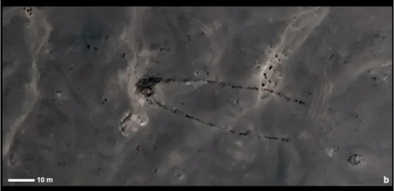 Aerial view of a prehistoric stone monument in Western Sahara, featuring an oval burial mound and two long stone alignments extending across the desert.