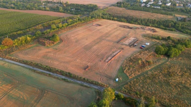 Aerial view of the archaeological excavation site at Helfta, Germany, where researchers are uncovering remains of Emperor Otto the Great’s 10th-century royal palace.