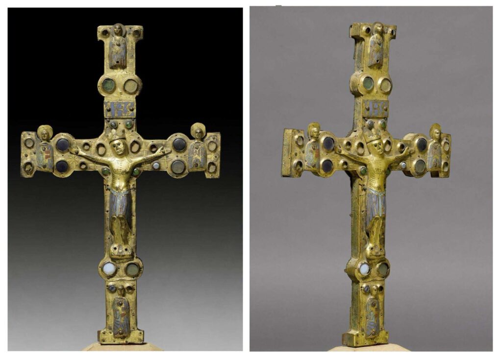 Medieval gilded Limoges cross with a crucified Christ figure, shown as a comparison to the fragments discovered in Hungary.