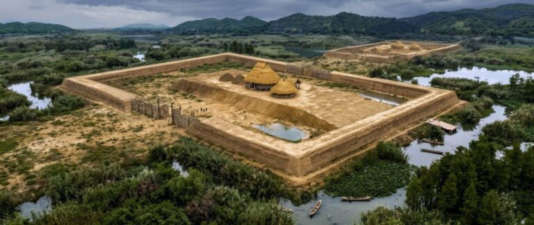 Aerial reconstruction of ancient buildings near the Fanshan royal cemetery in Liangzhu, China, including a possible Liangzhu ritual hall.