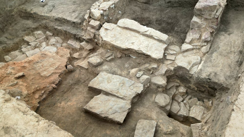 Excavated entrance and stone staircase of a 1,000-year-old building discovered at the Ottonian royal palace of Helfta in Germany.
