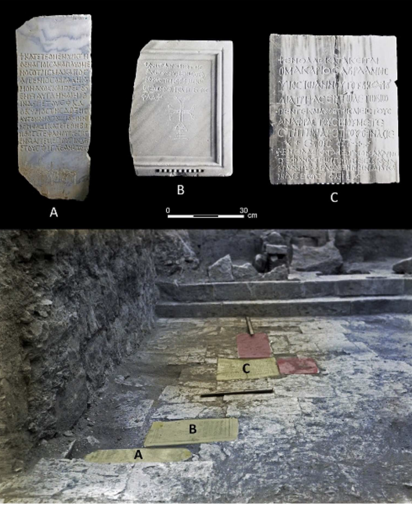 Annotated archaeological photograph showing identified Byzantine graves at Shivta, alongside images of their inscribed tombstones.