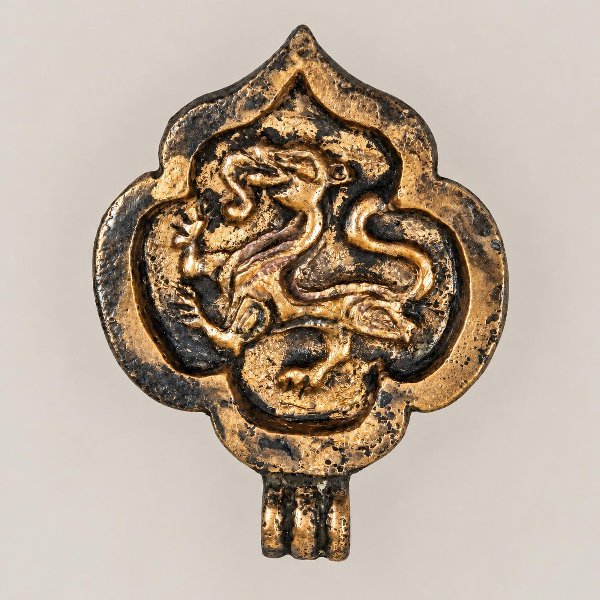 Medieval bronze belt fitting decorated with a dragon-like creature in relief, discovered in Veliky Novgorod.