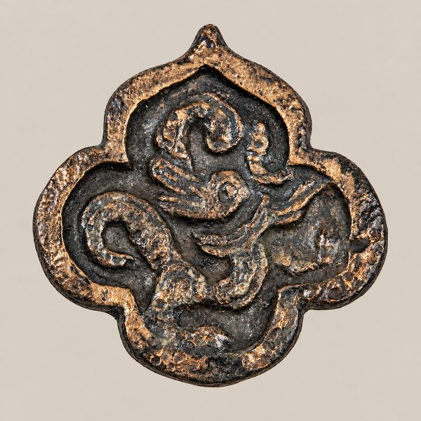 Medieval bronze belt fitting showing a coiled dragon-like design, recovered from archaeological excavations in Veliky Novgorod.
